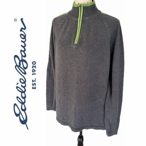 Eddie Bauer Sweater Pullover 1/4 Zip Charcoal/Lime Green Sz L 100%Cotton Grandpa